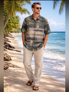 Tommy Bahama Short Sleeve Hawaiian Shirt, Size Large